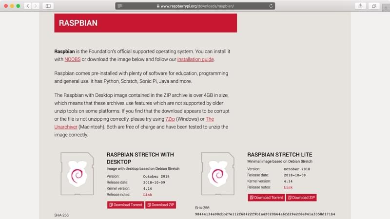 Raspbian Lite download page