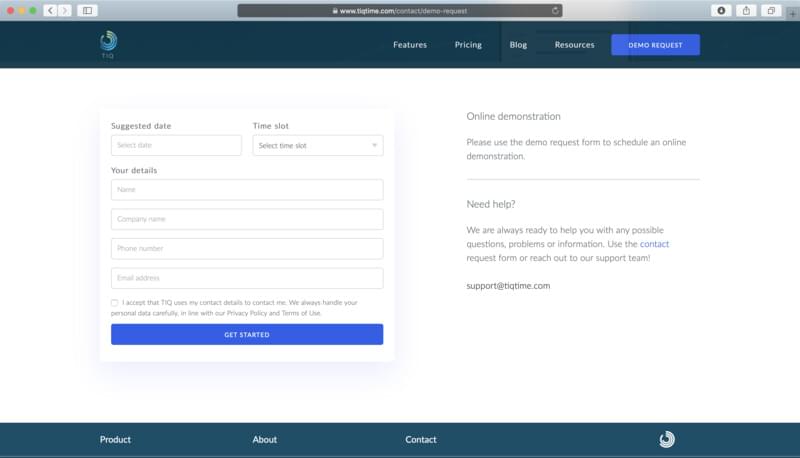 Demo request form on the 2020 TIQ marketing website